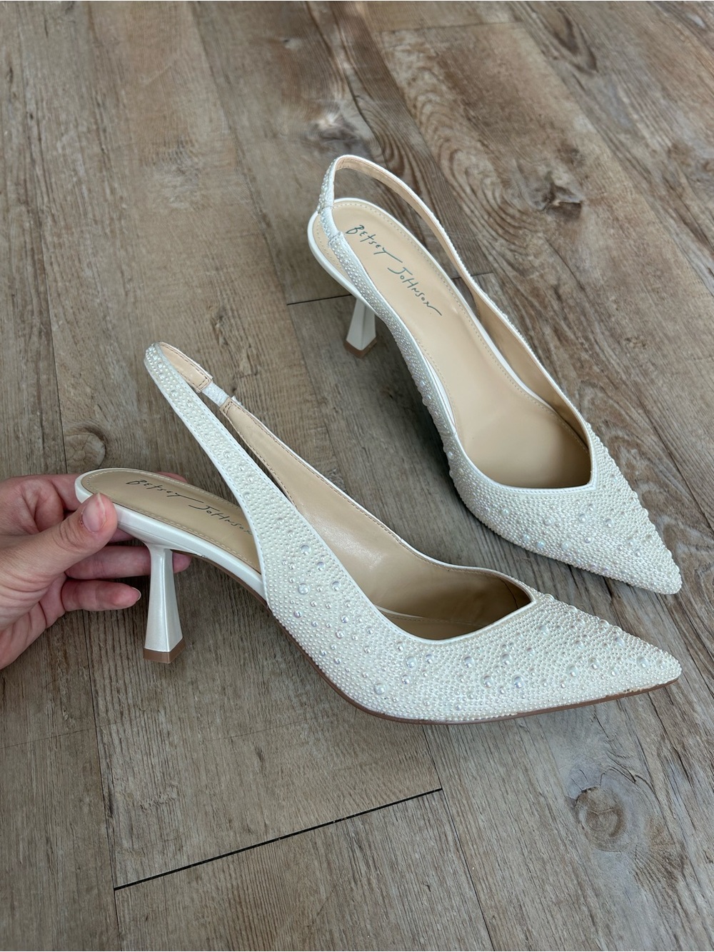 Betsey Johnson Ivory Beaded Pointed-Toe Slingback Heels